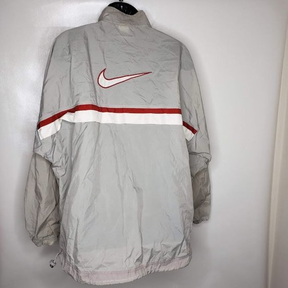 Nike Men's Windbreaker Jacket XL Gray Red Swoosh Nylon Half Zip White Label - Picture 6 of 11